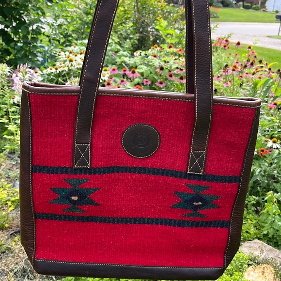 BornSouthwest style wool Red and Black Tote Bag leather straps & bottom GUC - Picture 2 of 12